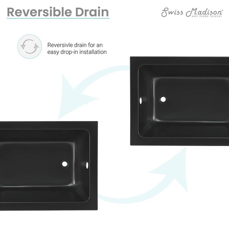 Voltaire 54"X30" Reversible Drain Drop-In Bathtub In Matte Black - 54x30 Reversible