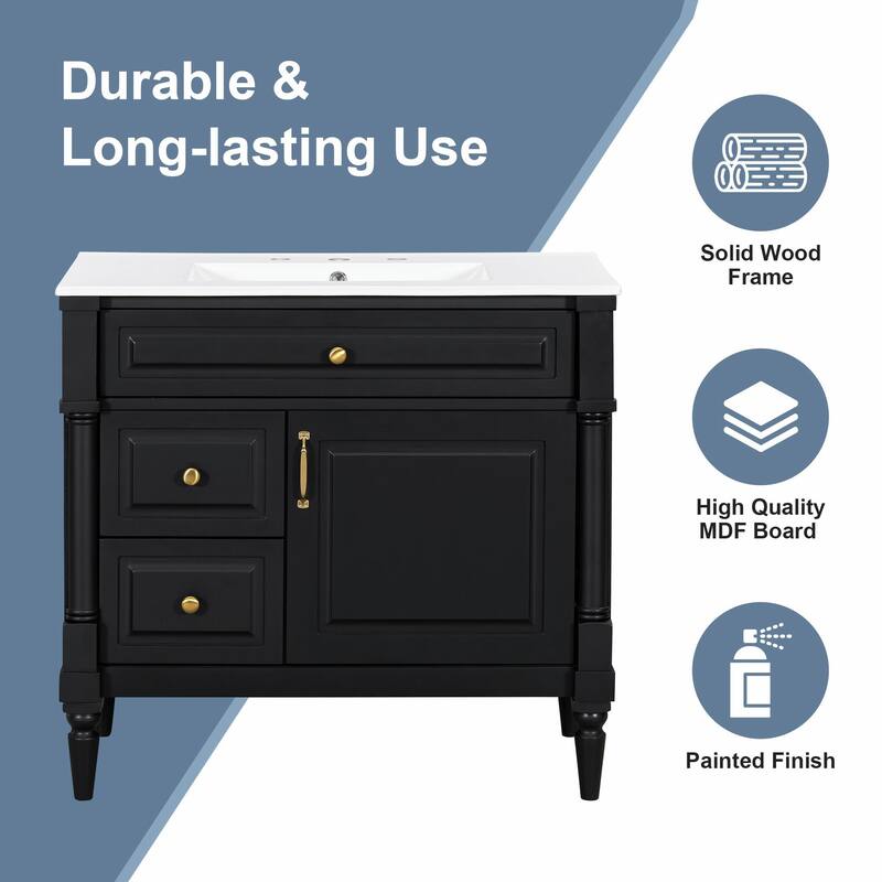 36" Bathroom Vanity with Sink, Freestanding Bathroom Cabinet with Ceramic Basin, Flip Drawer