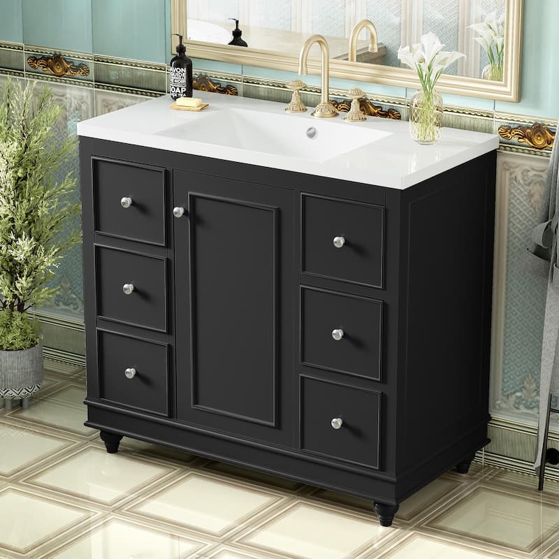 Roomfitters 36" Contemporary Bathroom Vanity with Resin Sink, 4 Drawers, 1 Door, Adjustable Shelf, Solid Wood Frame, Black
