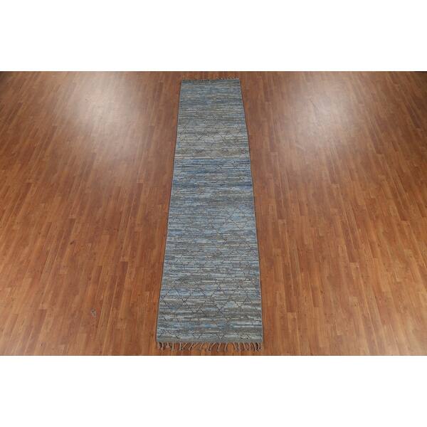 12' Blue And Gray Wool Striped Hand Knotted Runner Rug 12' Blue And Gray Wool Striped Hand Knotted Runner Rug