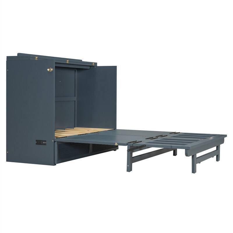 Full/Queen Size Murphy Bed with a Large Storage Drawer, Modern Wall Bed Foldable Murphy Cabinet Bed with USB Ports and Outlets