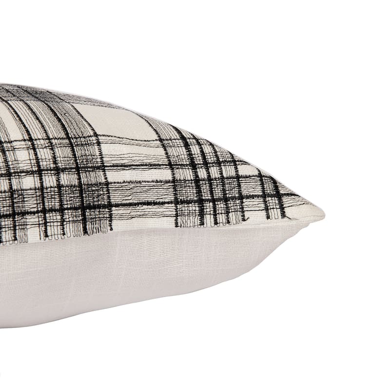 HomeRoots 20" White and Black Check Cotton Blend Throw Pillow With Embroidery