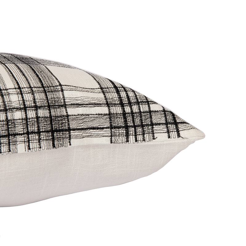 HomeRoots 24" White and Black Check Cotton Blend Throw Pillow With Embroidery