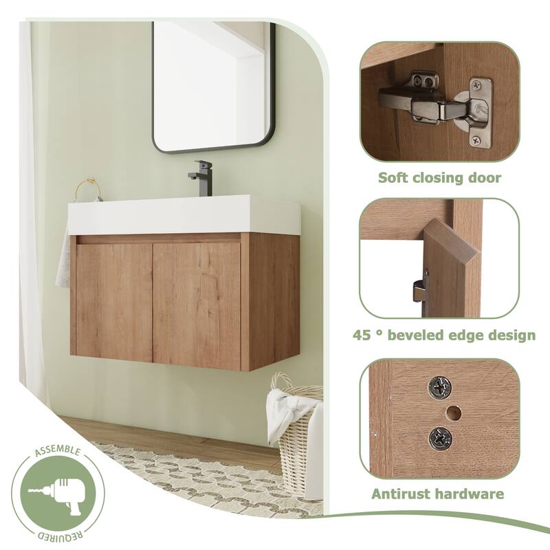 30" Floating Bathroom Vanity with Sink, Wall Mounted Bathroom Vanity with Soft Close Door