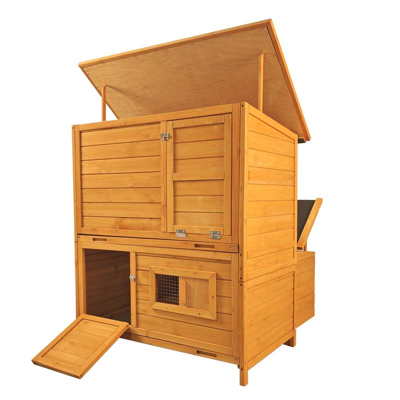 Chicken Coop, Double-House Wooden Chicken Coop For 6-8 Chickens With 3 Nesting Boxes And 2 Pull-Out Trays, A Foldable Ramp