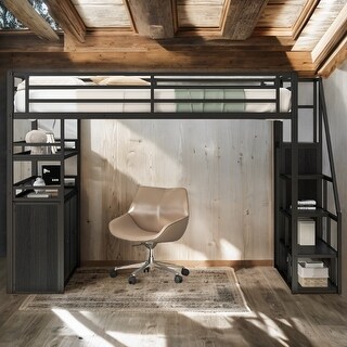 Metal Full Size Loft Bed with Storage Staircase and Wardrobe,Kids Bed with Shelves and Lockers for Bedroom