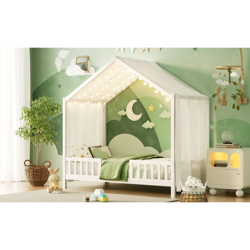 Montessori Floor Bed with Canopy, Twin Bed Frame for Kids, House Shape Toddler Bed Frame with High Railings,Twin