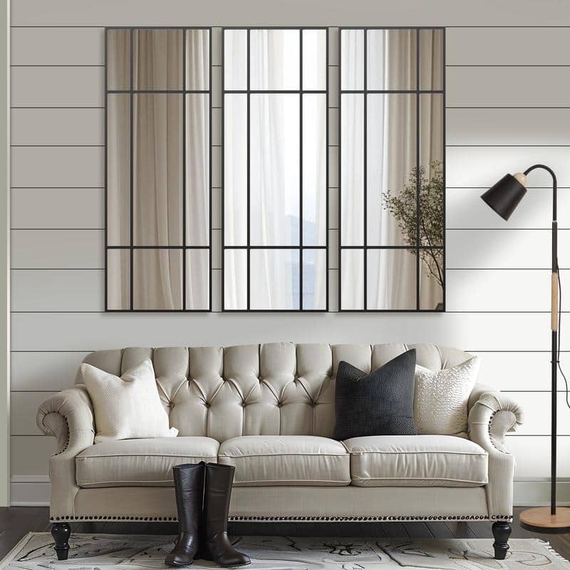 Iron Metal Frame Rectangular Windowpane Wall Mirror Farmhouse Rustic Elegant Decor for Living Room Bedroom Bathroom Entryway