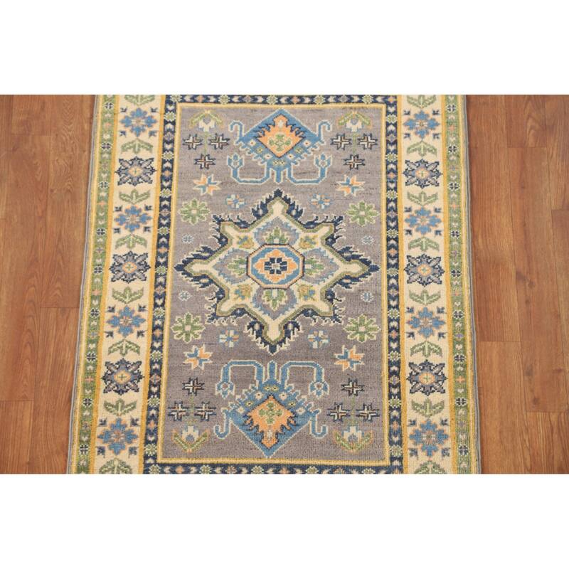 Gray Geometric Kazak Oriental Accent Rug Handmade Wool Carpet - 2'9" x 3'10"