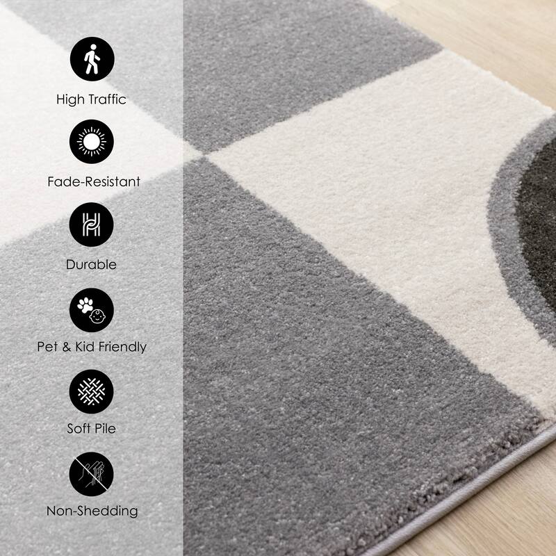 Grey Black White Mid Century Geometric High-Traffic Rug