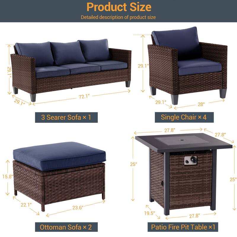 Livoosun 8 Pieces Patio Sofa with 28'' Fire Table Set, PE Wicker, Wide Armrests High Back Sofa Chair Design for Lawn, Patio