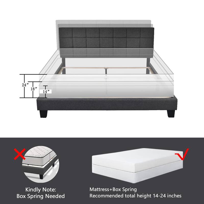 Full Panel Bed Frame with Adjustable Headboard for High Profile/Fabric Upholstered/Square Stitched Padded Headboard
