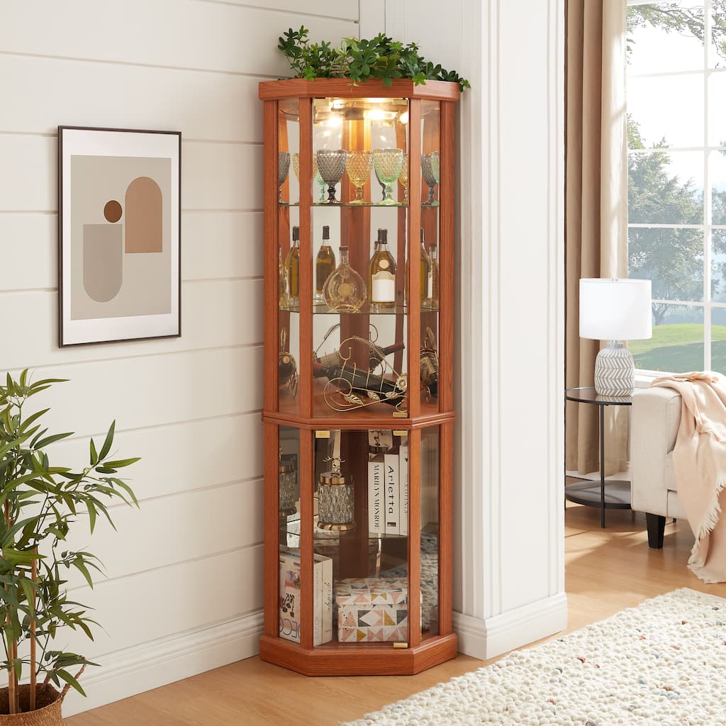 Corner Lighted Curio Cabinet Corner Glass Cabinet Lighted Curio Cabinet Corner Display Case for Living Room, Curio Cabinet