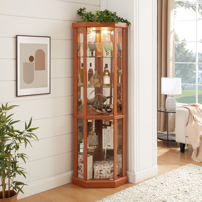 Lighted Corner Curio Cabinet With Glass Doors - Oak-Finished Display Case For Antique Collections, Wine Storage - Dark Oak