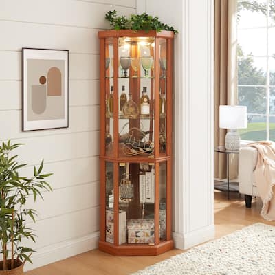 Lighted Corner Curio Cabinet With Glass Doors - Oak-Finished Display Case For Antique Collections, Wine Storage
