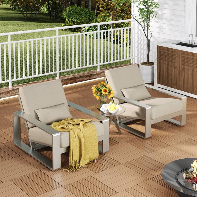 Roomfitters La Plata Outdoor Aluminum Lounge Chairs with Olefin Cushions, Modern Patio Seating, Silver