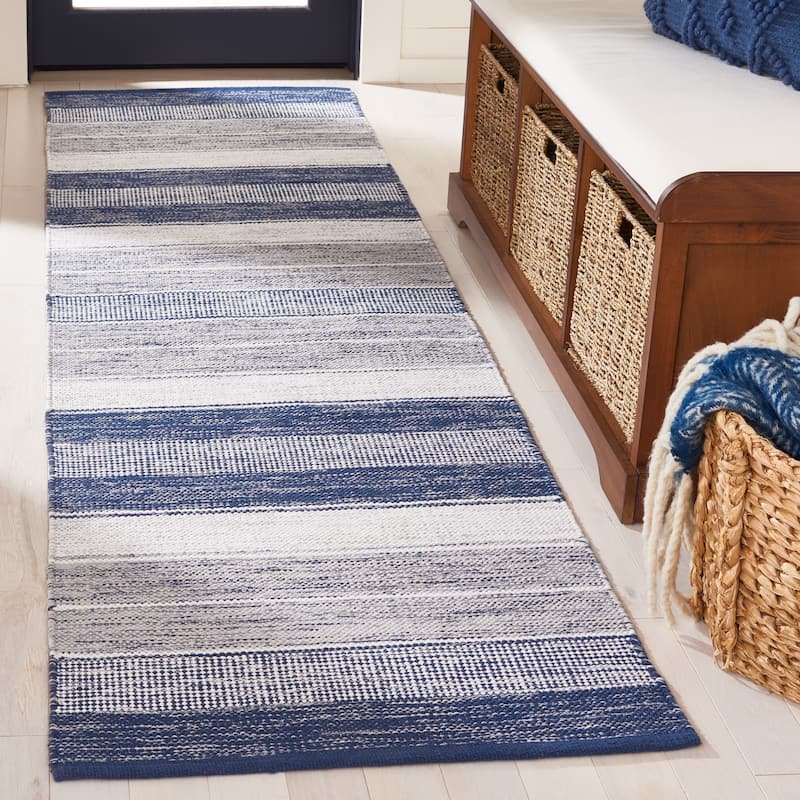 SAFAVIEH Handmade Flatweave Striped Chana Xanthe Cotton Rug - 2'3" x 8' Runner - Grey/Blue