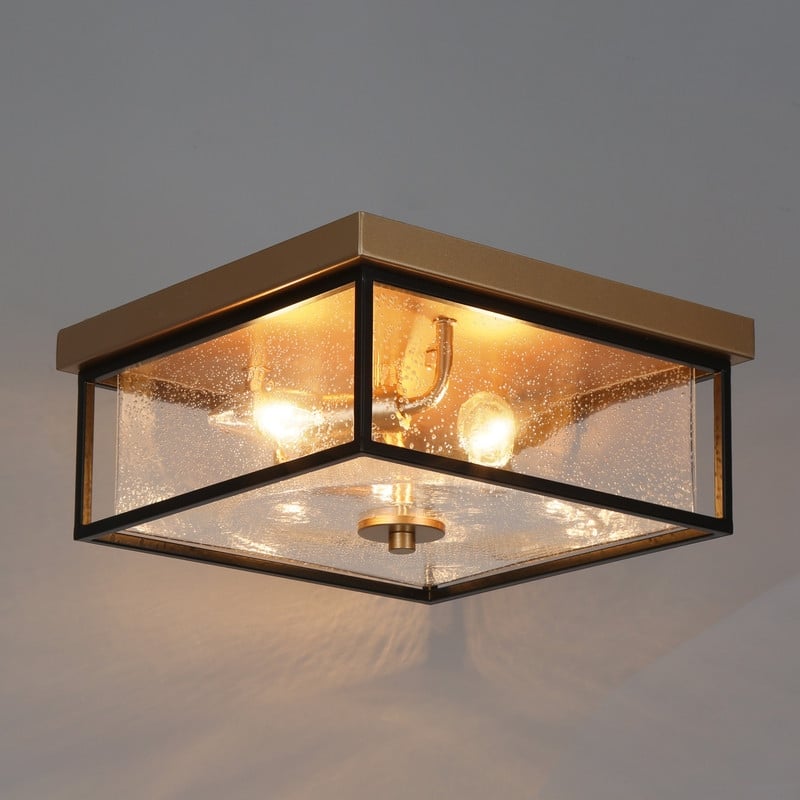 3-Light Modern Black Gold Square Flush Mount Ceiling Light with glass shade - 12" L x 12" W x 6" H