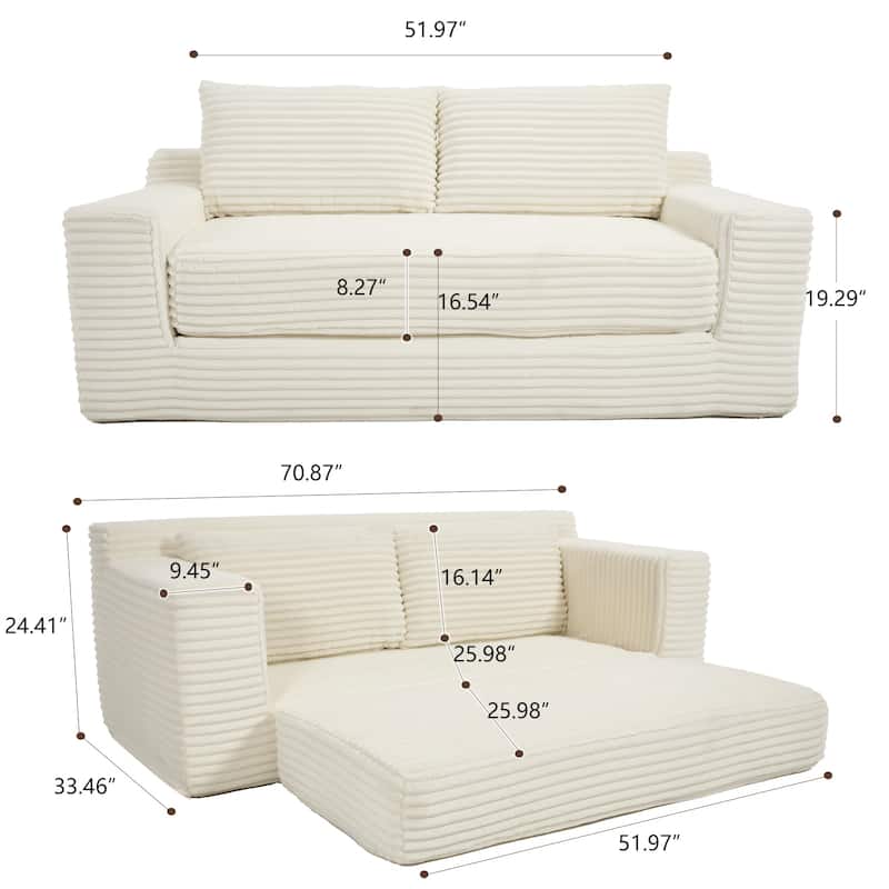 Corduroy Cloud Loveseat Sofa, 2 in 1 Convertible Boneless Sleeper Sofa with Steel Frame, Folding Love Seat Couches