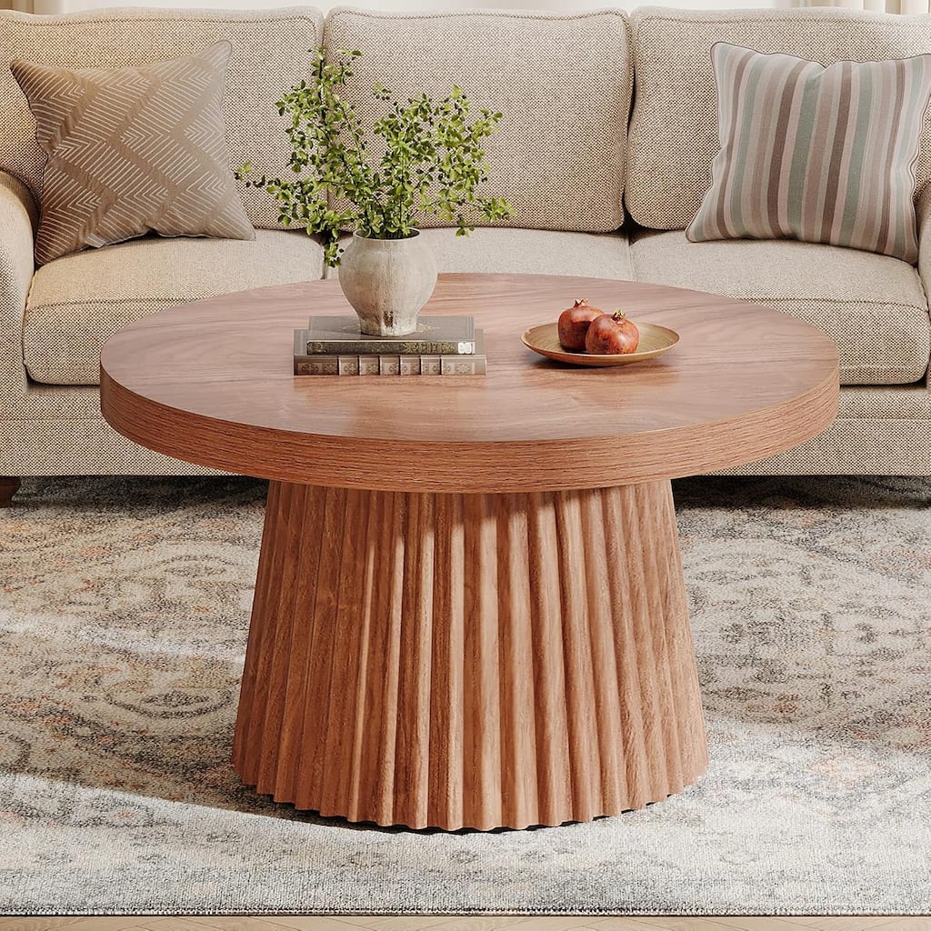 31.5" Round Modern Coffee Table Center Table with Fluted Drum Base - 31.5"W x 31.5"D x 17.7"H