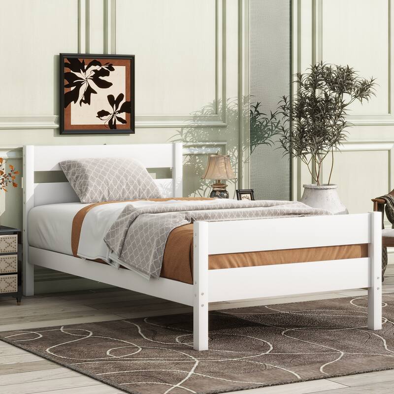 White Twin Size Rubber Wood Bed with Headboard and Footboard, Underbed Storage