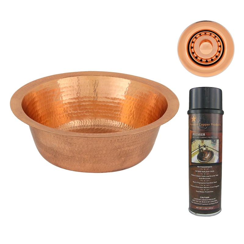 14" Round Hammered Copper Bar Sink with 2" Drain Opening in Polished Copper, Matching Drain and Accessories