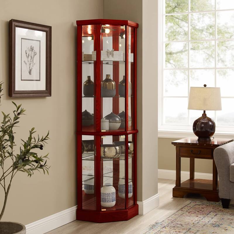 Classic Corner Curio Display Cabinet with 6 Shelves, Mirror Back & Adjustable Glass Shelves - Cherry