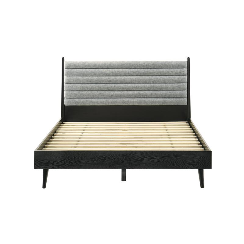 Artemio Black or Walnut Wood Queen Platform Bed Frame with Grey Upholstered Headboard
