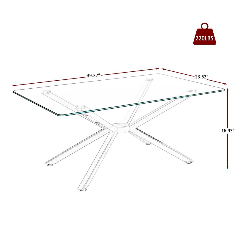39.37" Rectangular Clear Tempered Glass Coffee Table,Stylish Design with silver Metal Legs, Coffee Table