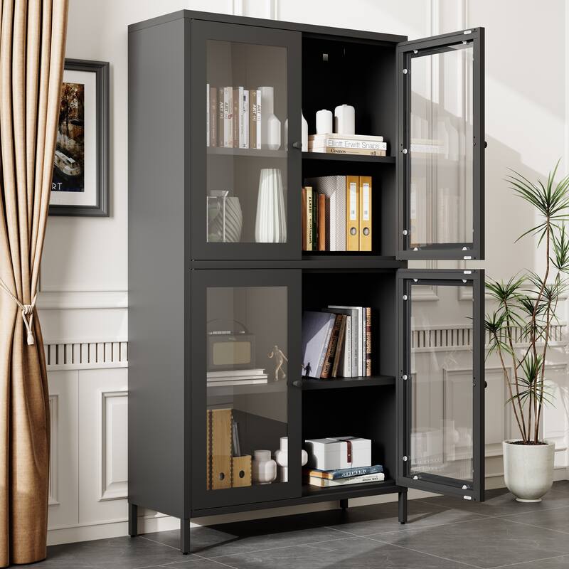 Classic Metal Storage Cabinet Display Cabinet with 4 Glass Doors 4 Shelves Cabinet Bookcase Side Cabinet