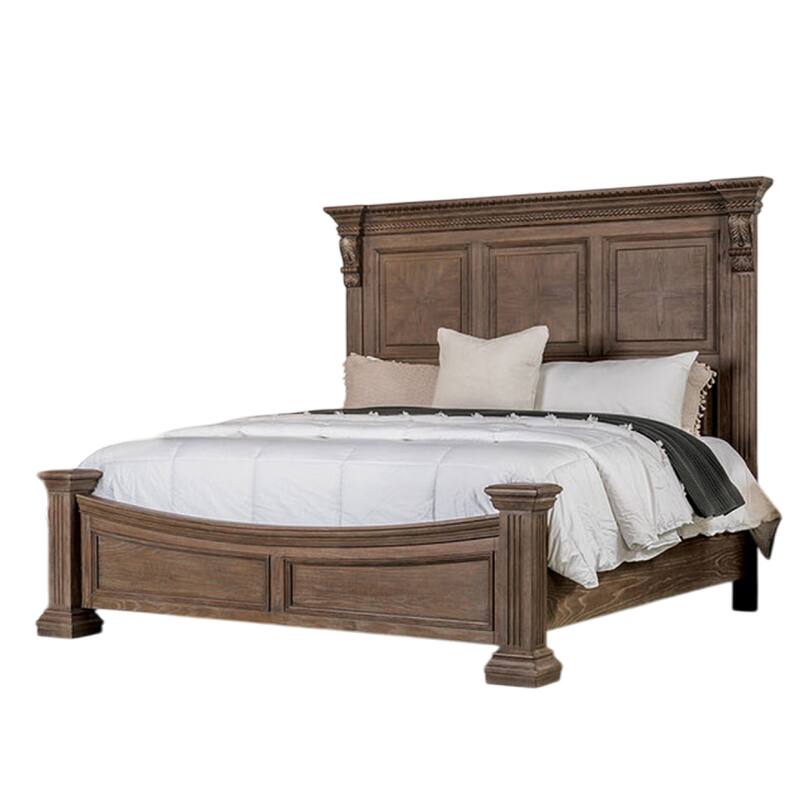 Reven King Bed, Weathered Oak, Solid Wood, Intricate Carved Details