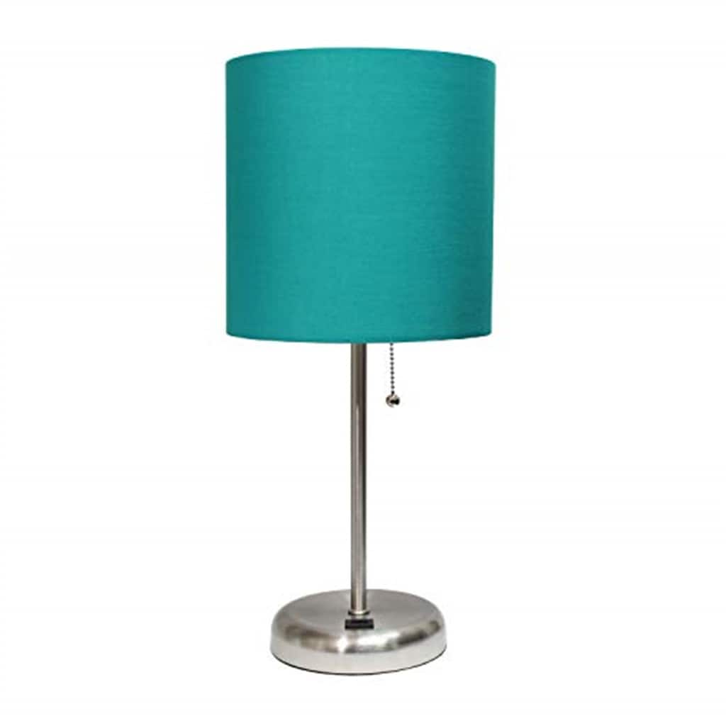 19.5 in. Brushed Steel Finish Table Lamp with Blue Shade, Durable Stick Lamp with USB Port for End/Side Tables