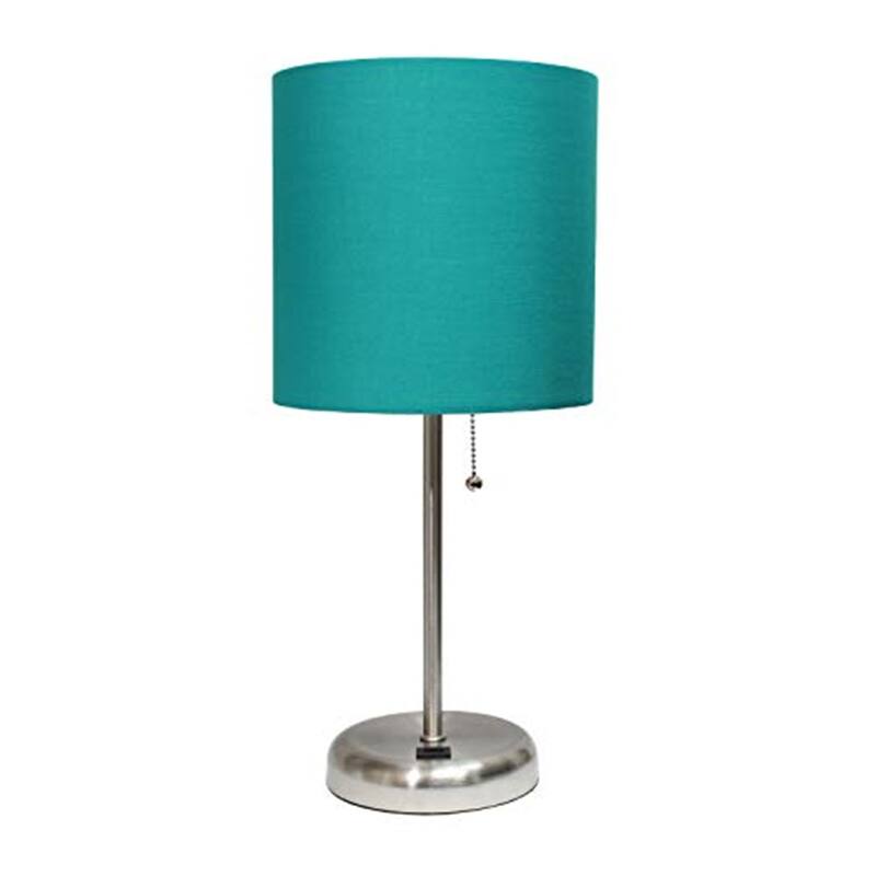 19.5 in. Brushed Steel Finish Table Lamp with Blue Shade, Durable Stick Lamp with USB Port for End/Side Tables