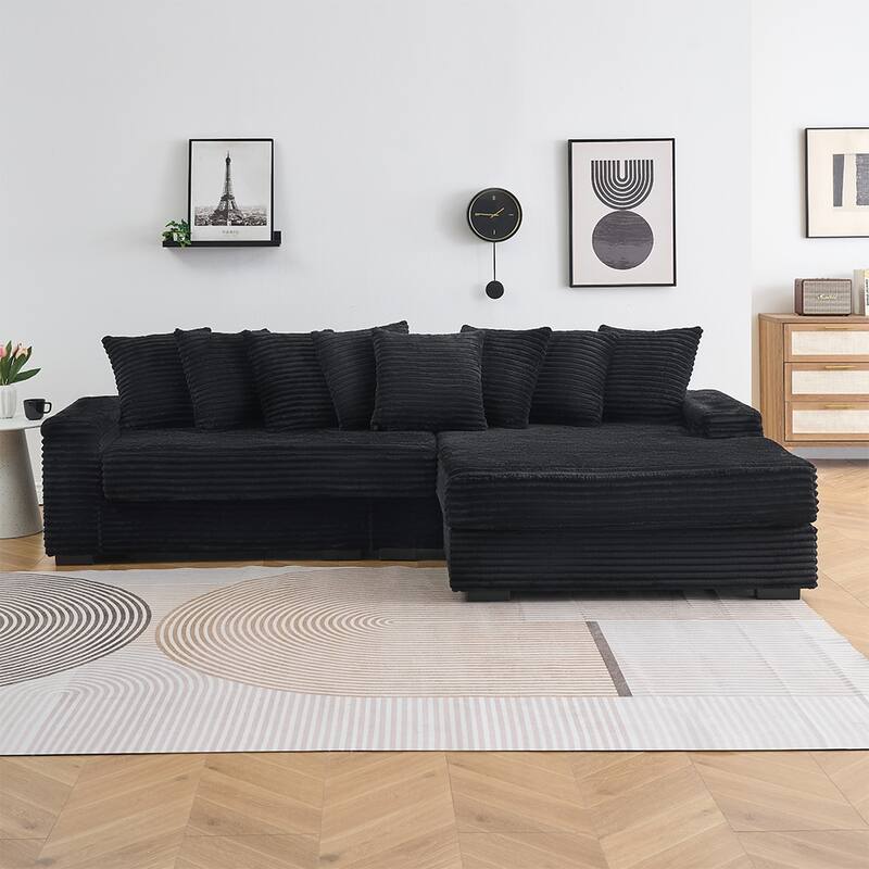 111.4 " L-Shaped Corduroy Sofa with 8 Throw Pillows and Footstool - Black