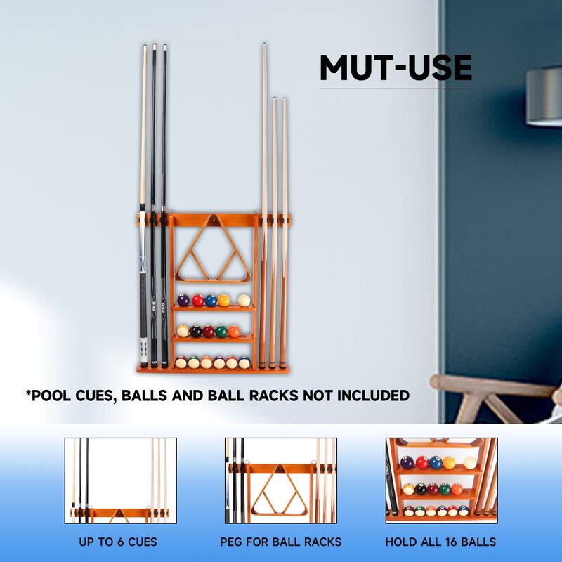 GSE™ 6-Pool Cue Wall Mounting Billiard Cue Rack, Hanging Wall Mounted Pool Cue Stick Holder