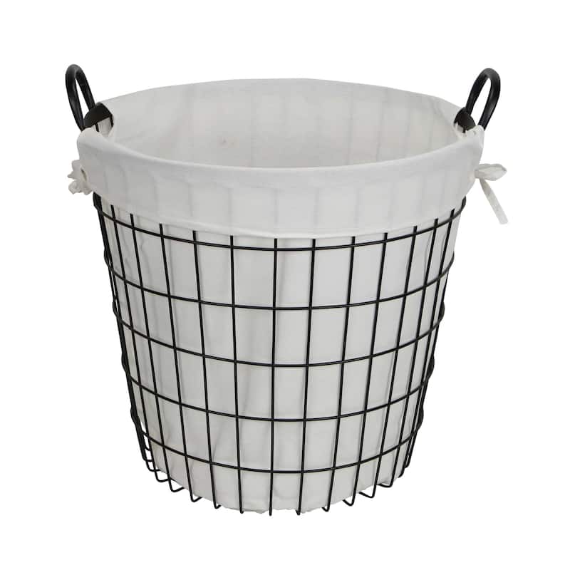 White Fabric Lined Metal Laundry Type Basket with Handle - 15.2" x 16" x 16"