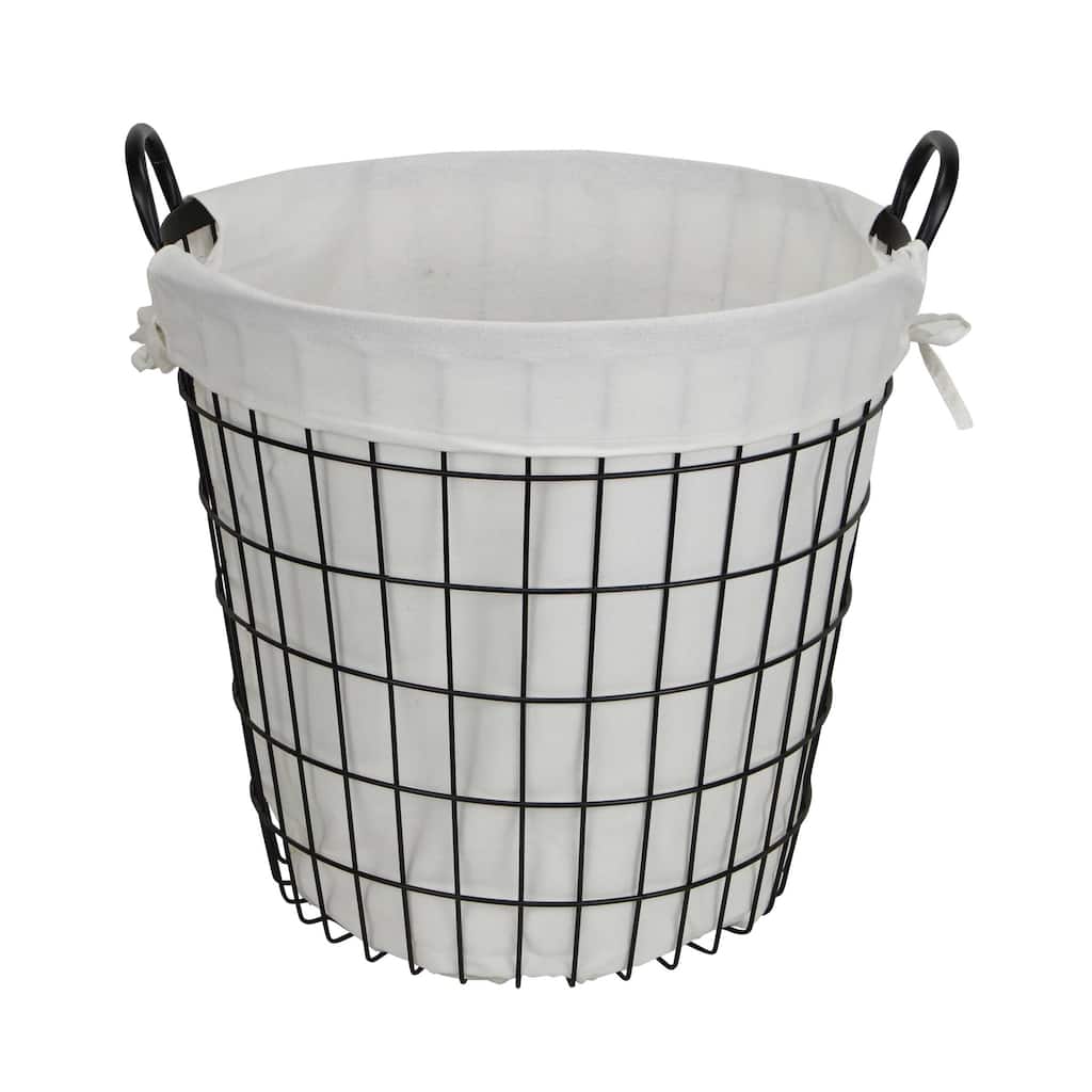 White Fabric Lined Metal Laundry Type Basket with Handle - 15.2" x 16" x 16"