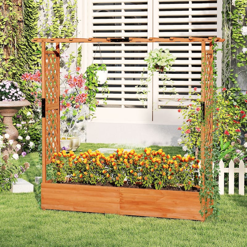 Gymax Raised Garden Bed Planter Box w/ Side & Top Trellis for Vine