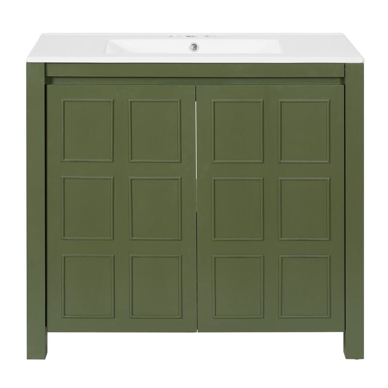 36" Bathroom Vanity with Ceramic Sink, Solid Wood Frame Bathroom Storage Cabinet