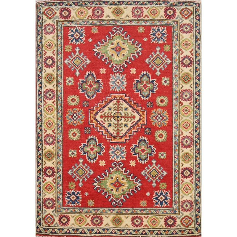 Red Kazak Foyer Rug Traditional Handmade Geometric Wool Carpet - 2'8"x 3'11"