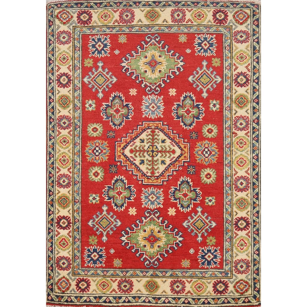 Red Kazak Foyer Rug Traditional Handmade Geometric Wool Carpet - 2'8"x 3'11"