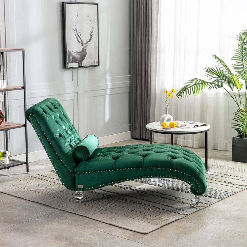 Velvet Tufted Chaise Lounge Chair Ergonomic S Shape Recliner with Pillow, Nailhead Trim and Acrylic Legs for Indoor Use