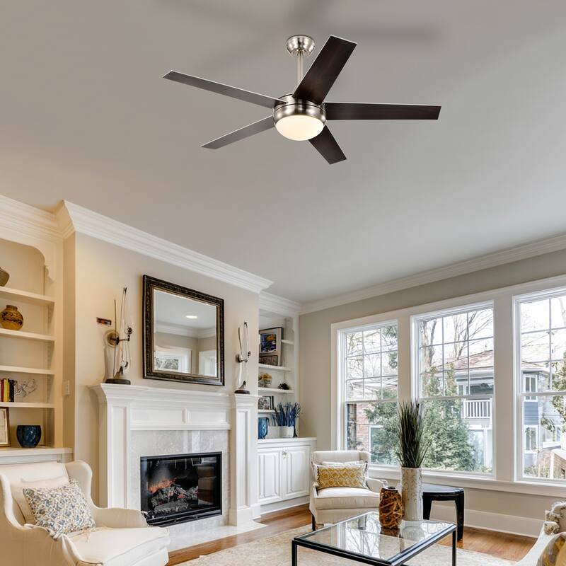 52 in. LED Indoor Brushed Nickel 5-Blade Ceiling Fan - 6-Speed Remote & Wall Control, 3CCT LED Light Kit - Brushed Nickel