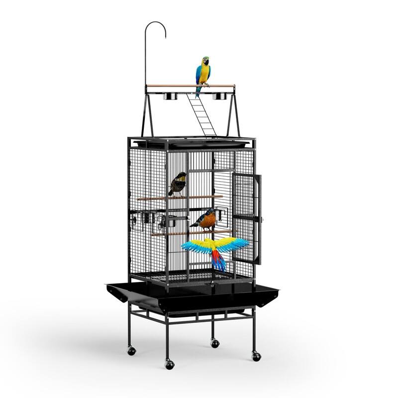 68in Wrought Iron Bird Cage with Playtop, Large Flight Cage with 5 Feeders & Ladder & Rolling Stand, for Small/Medium Birds