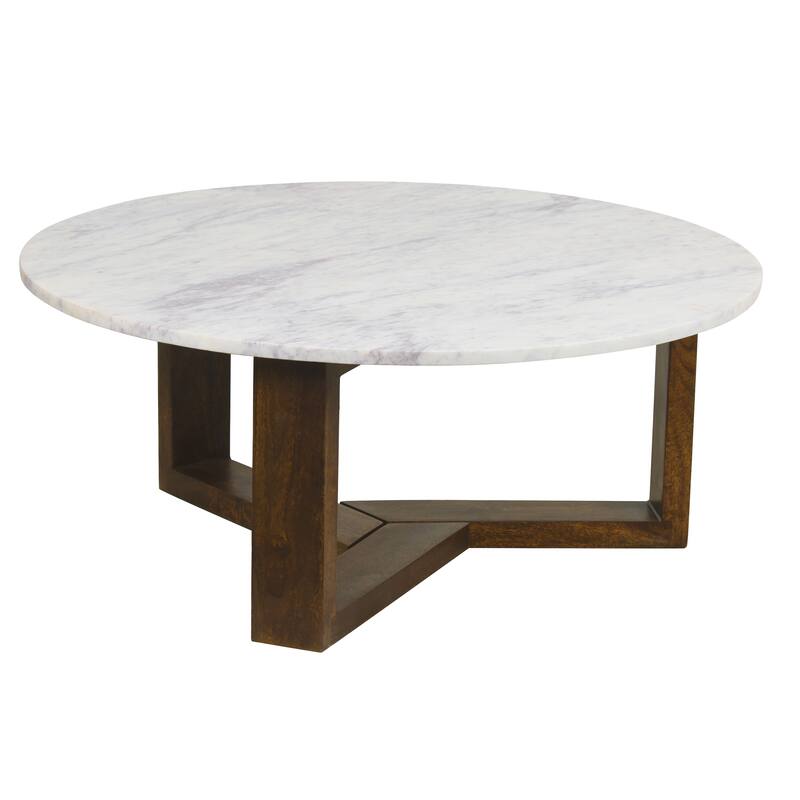 Fina Table, Round White Genuine Marble Top, Natural Brown Mango Wood 3 Leg Sled Base