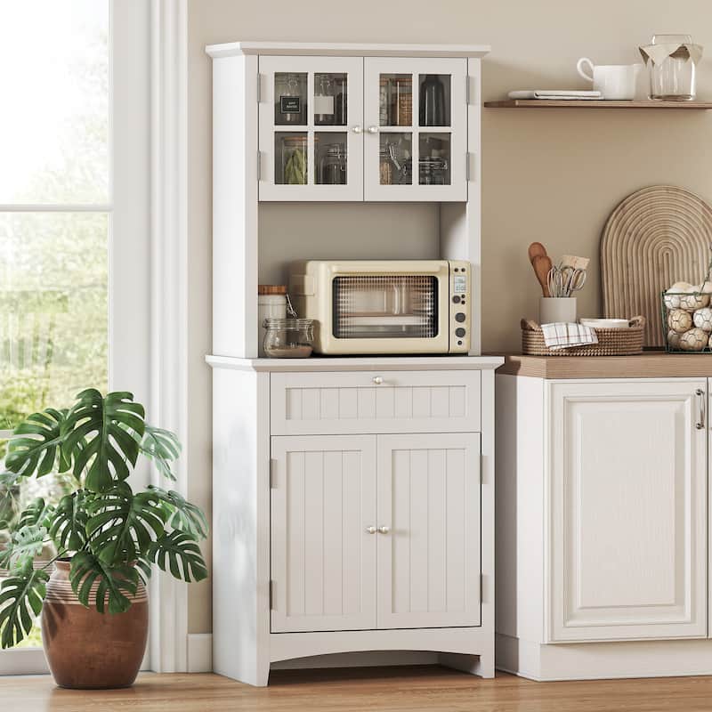 HOMCOM Kitchen Buffet Hutch Wooden Storage Cupboard with Framed Glass Door, Drawer and Microwave Space - 27"x15.75"x64.5" - White