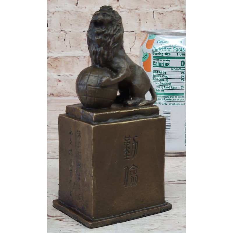 Regius Palace Chinese Guardian Lion Earth Globe Bronze Statue Sculpture Decor