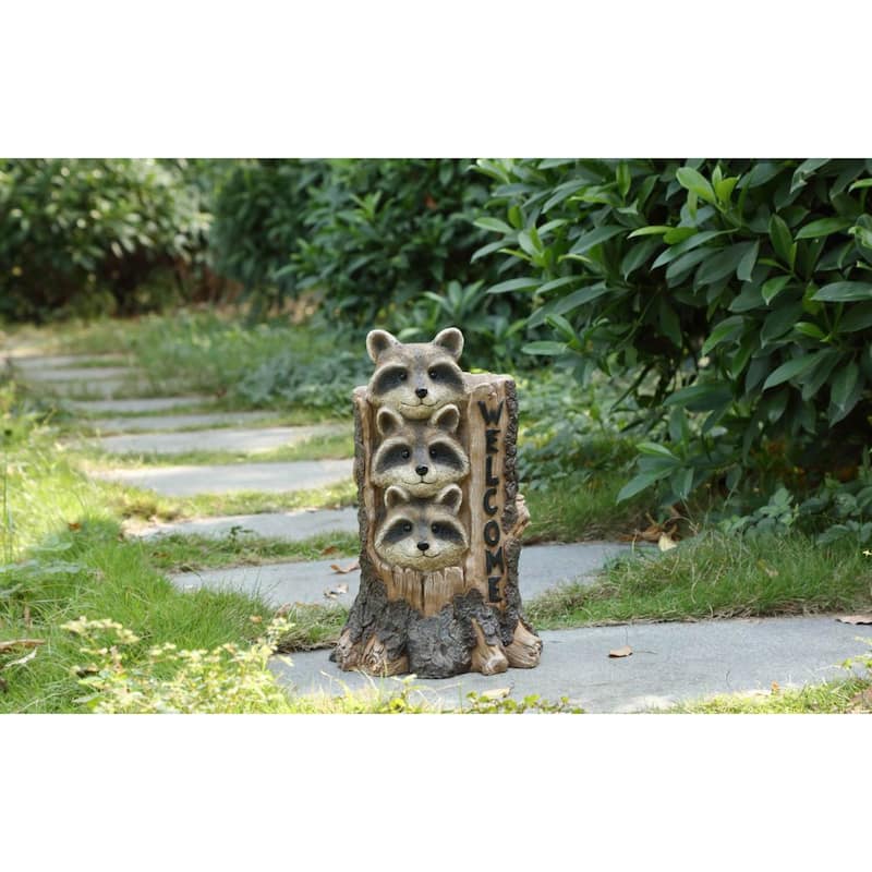 17" Brown Black Three Raccoons a Tree Trunk Welcome Sign Garden Statue