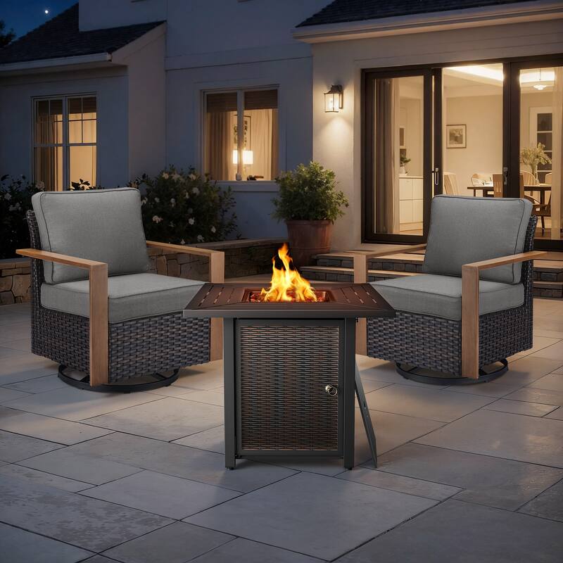 Meyreso 3-Piece Wicker Swivel Glider Metal Fire Pit Set with Plush 4.5" Olefin Cushions - Brown Wicker - Gray Cushions