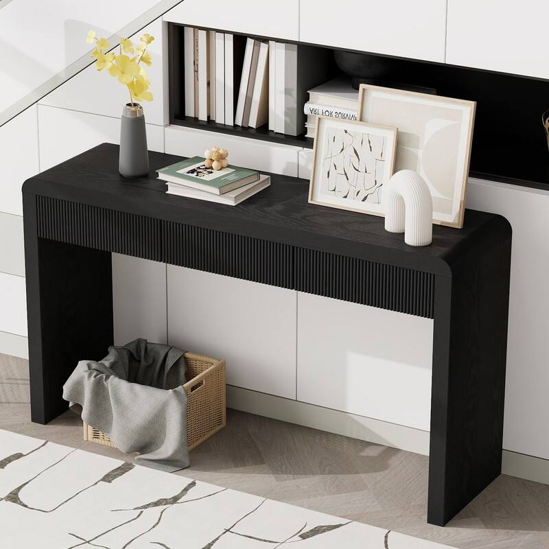 Rustic Console Table with 3 Fluted Drawers - Solid Wood Veneer Entryway Table Featuring Natural Wood Grain for Living Room